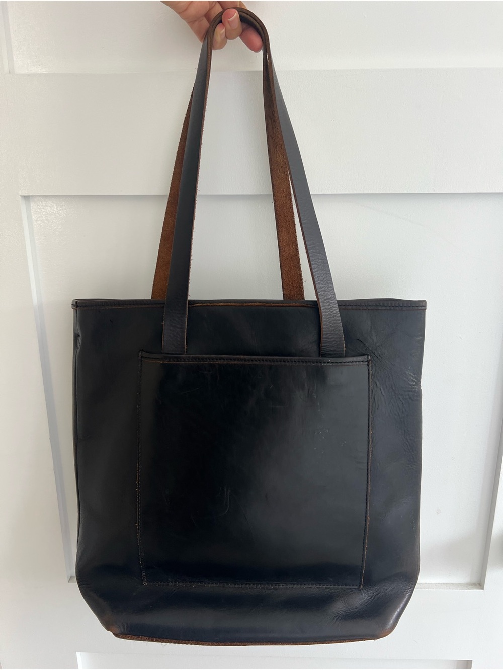 Black Leather Tote with matching detachable Crossbody strap and keychain